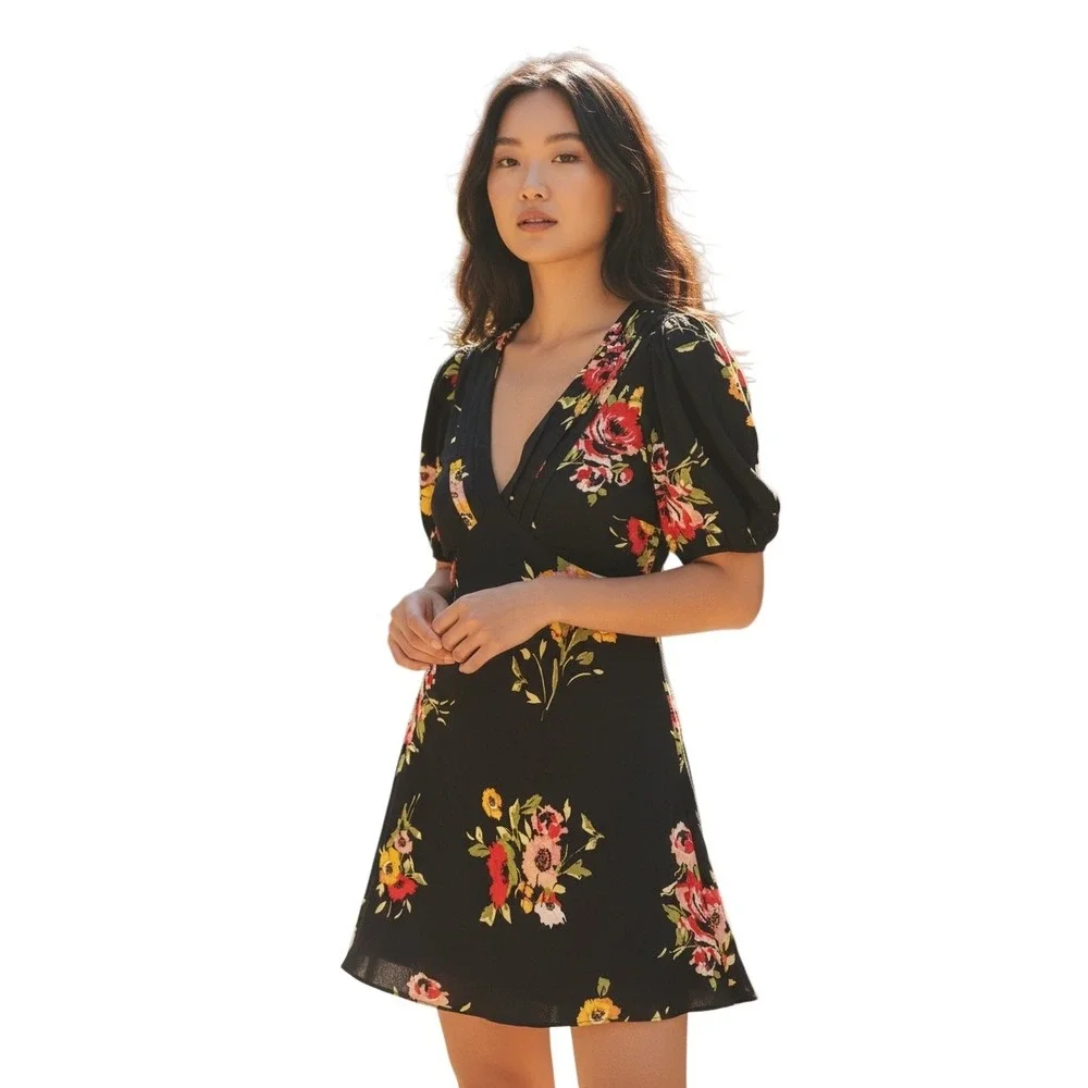 Free People Floral Mini Dress Black V-Neck Puff Sleeve Viscose‎ Size 4 OB998041